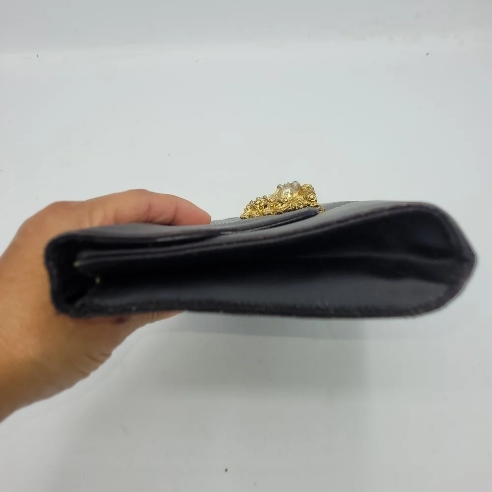VTG Miss Lewis Black Satin Evening Clutch with Ornate Gold Face Medallion